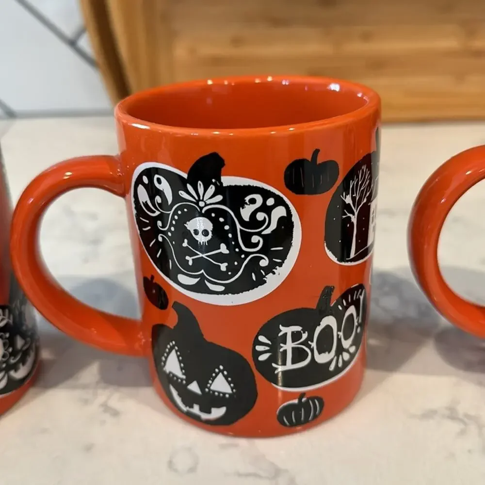 Crate & Barrel Halloween mugs BOO PUMPKINS Orange Black 14 oz x3